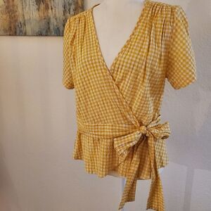Max Studio Yellow Checker wrap blouse L